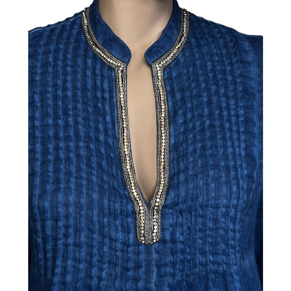 120% Lino Blue Conscious Split-Neck Linen Blouse Rhinestone Embellishment Sz M - Picture 3 of 12